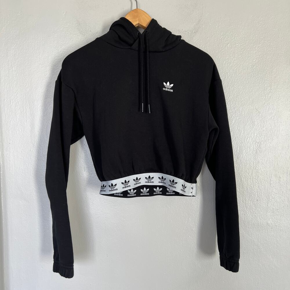 Adidas Women's Cropped Hoodie Black Trefoil Sweatshirt Pullover Workout Size XS - Picture 3 of 15